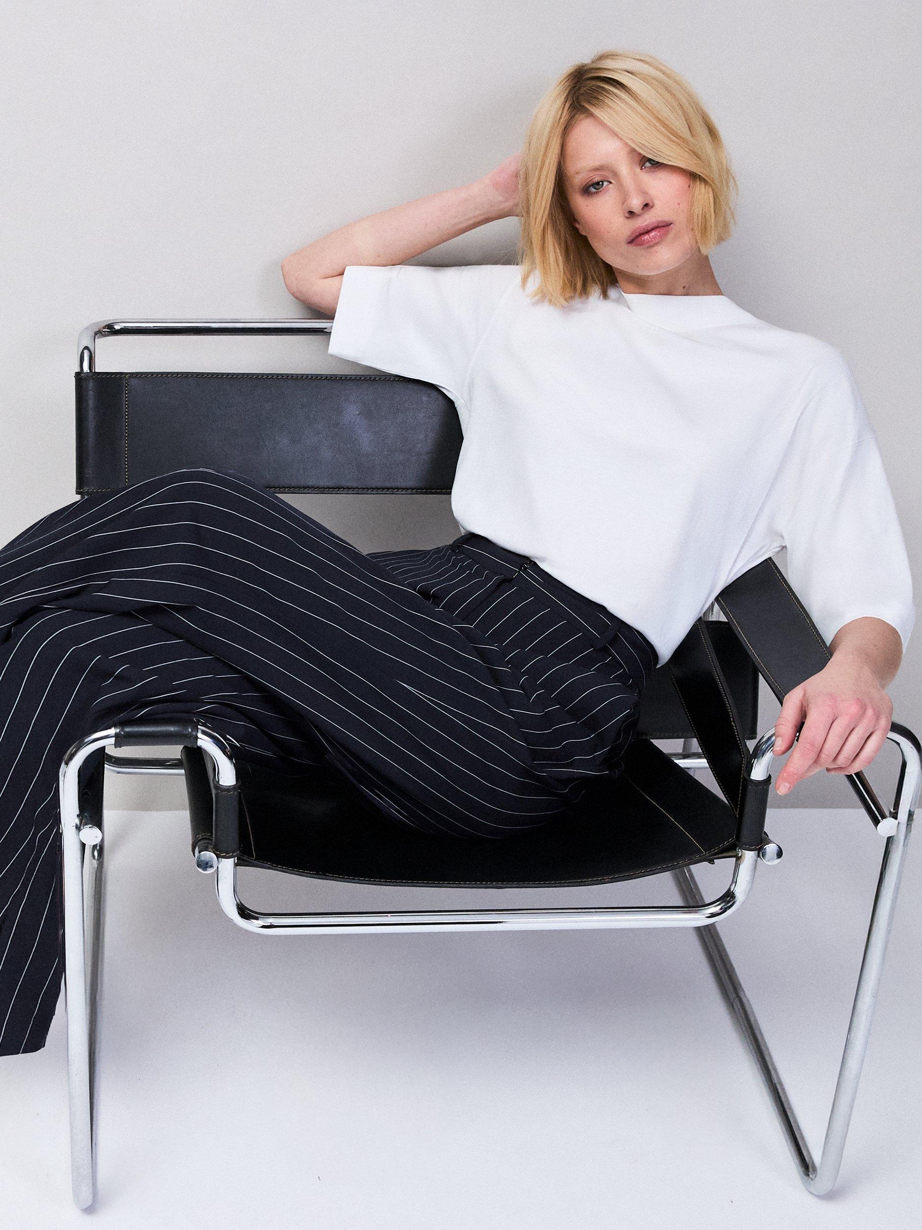 Product image 2 of 4, which shows Ro&Zo Petite Pinstripe Tailored Trousers, Navy, 6Pt