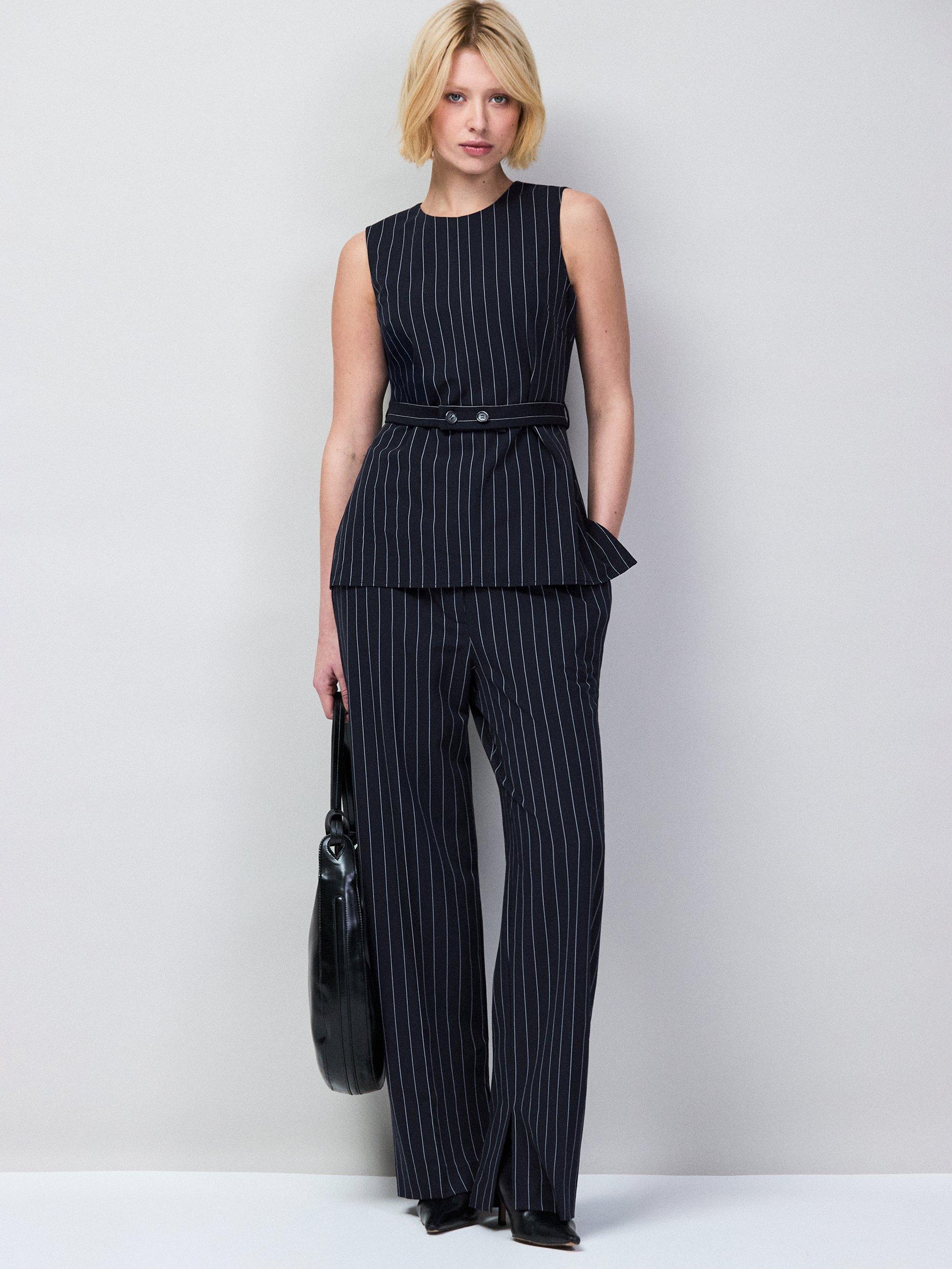 Product image 3 of 4, which shows Ro&Zo Petite Pinstripe Tailored Trousers, Navy, 6Pt