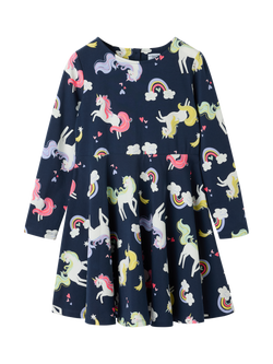 Polarn O. Pyret Kids' Organic Cotton Long Sleeved Unicorn Print Dress, Blue, Blue
