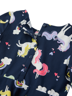 Polarn O. Pyret Kids' Organic Cotton Long Sleeved Unicorn Print Dress, Blue - view 2, Blue