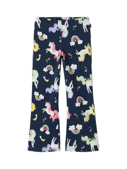 Polarn O. Pyret Kids' Organic Cotton Unicorn Flared Leggings, Blue, Blue