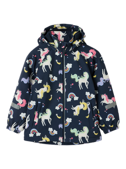 Polarn O. Pyret Kids' Windproof Soft Shell Unicorn Hooded Jacket, Blue, Blue