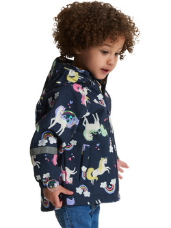 Polarn O. Pyret Kids' Windproof Soft Shell Unicorn Hooded Jacket, Blue - view 2, Blue