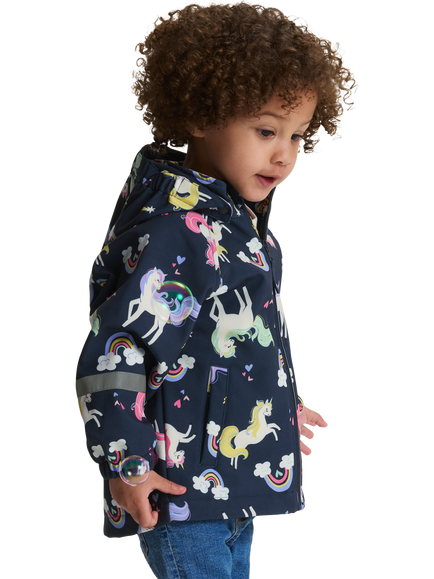 Polarn O. Pyret Kids' Windproof Soft Shell Unicorn Hooded Jacket, Blue - view 2, Blue
