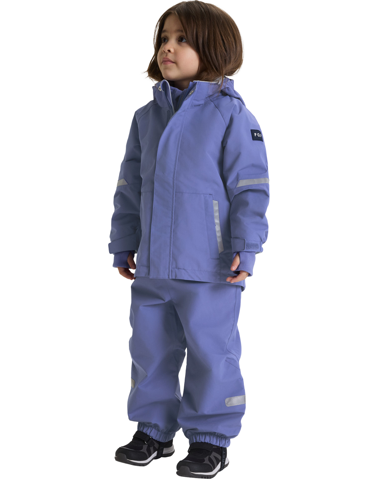 Product image 1 of 6, which shows Polarn O. Pyret Kids' Stormy Waterproof Shell Jacket, Dusted Periwinkle, 9-12 months