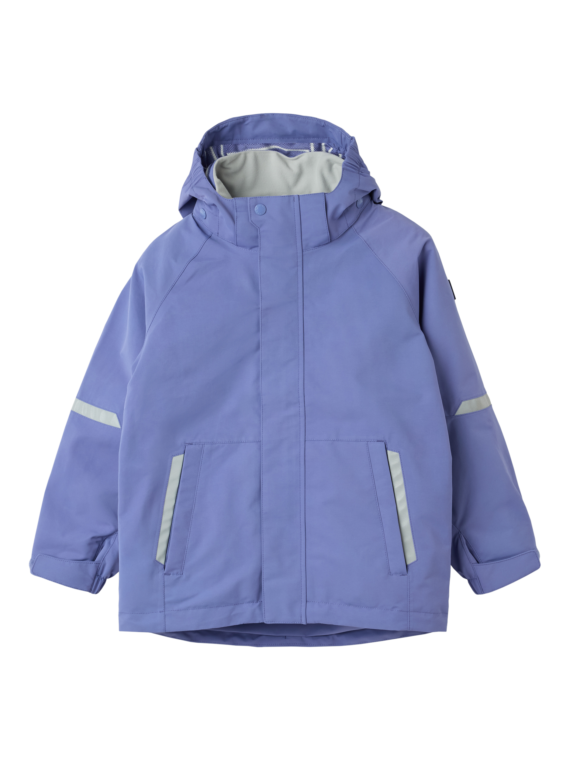 Product image 2 of 6, which shows Polarn O. Pyret Kids' Stormy Waterproof Shell Jacket, Dusted Periwinkle, 9-12 months