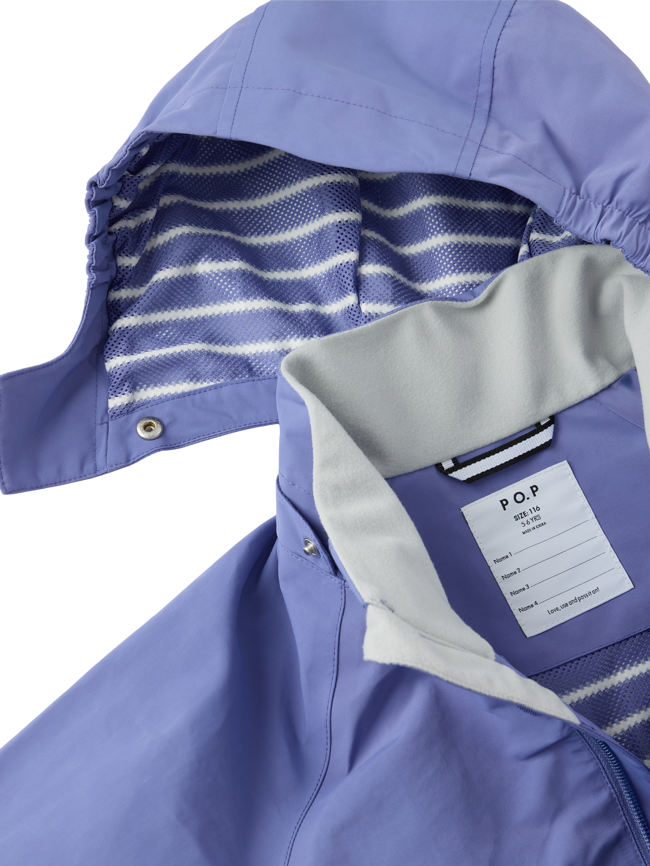 Product image 3 of 6, which shows Polarn O. Pyret Kids' Stormy Waterproof Shell Jacket, Dusted Periwinkle, 9-12 months