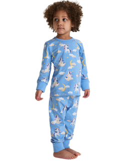 Polarn O. Pyret Kids' Unicorn Print Long Sleeve Pyjama Set, Blue, Blue
