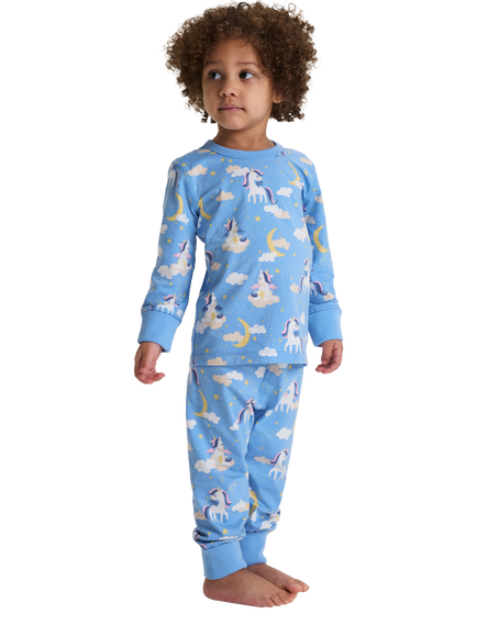Polarn O. Pyret Kids' Unicorn Print Long Sleeve Pyjama Set, Blue, Blue