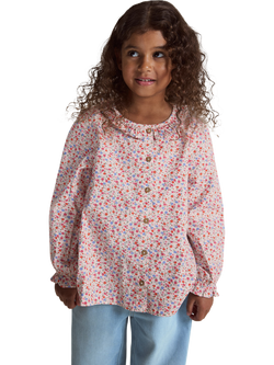 Polarn O. Pyret Kids' Cotton Floral Long Sleeve Blouse, Pink, Pink