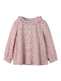 Polarn O. Pyret Kids' Cotton Floral Long Sleeve Blouse, Pink - view 2, Pink