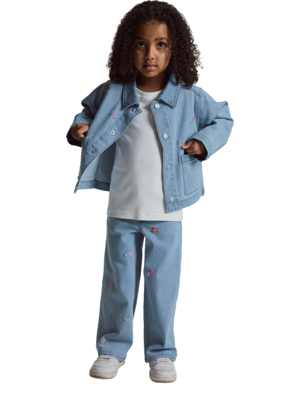 Polarn O. Pyret Kids' Sally Floral Embroidered Wide Leg Jeans, Blue, Blue