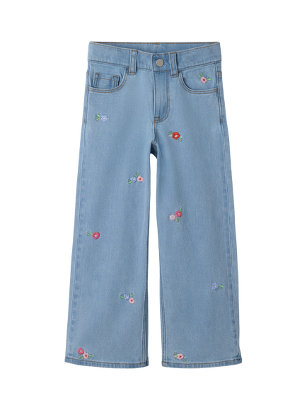 Polarn O. Pyret Kids' Sally Floral Embroidered Wide Leg Jeans, Blue - view 2, Blue