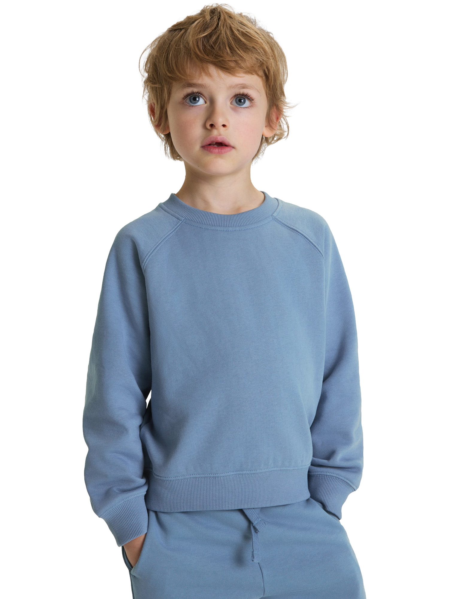 Product image 1 of 6, which shows Polarn O. Pyret Kids' Cotton Plain Sweatshirt, Blue, 12-18 months