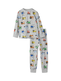 Polarn O. Pyret Kids' Cotton Rich Vehicle Print Pyjama Set, Grey, Grey