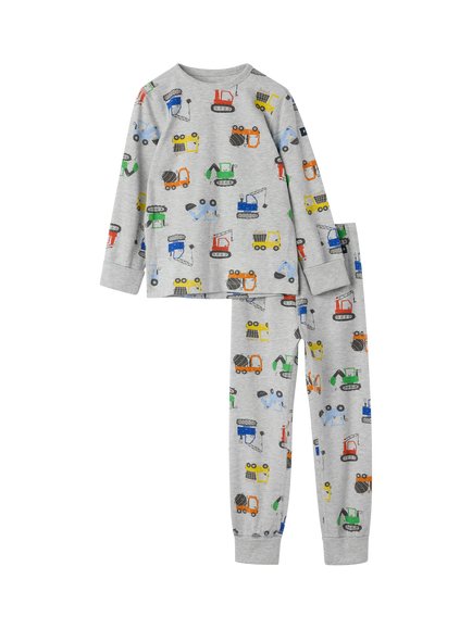 Polarn O. Pyret Kids' Cotton Rich Vehicle Print Pyjama Set, Grey, Grey