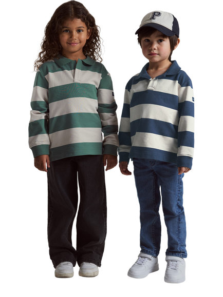 Polarn O. Pyret Kids' Stripe Rugby Shirt, Green - view 2, Green
