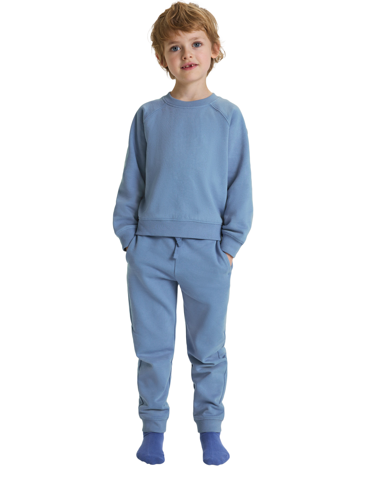 Product image 1 of 1, which shows Polarn O. Pyret Kids' Cotton Plain Joggers, Blue, 12-18 months