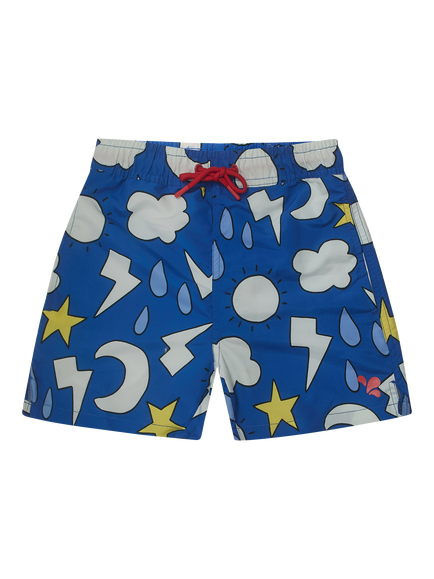 Muddy Puddles Kids' UV Weather Motif Swim Shorts, Blue Weather, Blue Weather