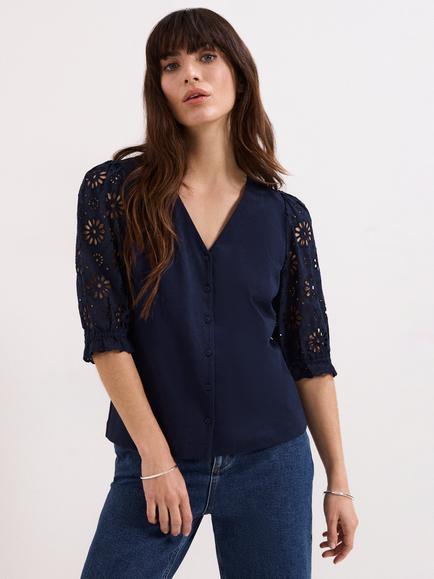 Phase Eight Eleanor Floral Sleeve Top, Navy, Navy