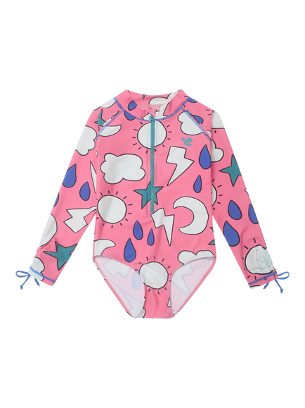 Muddy Puddles Kids' UV Weather Motif Long Sleeve Swimsuit, Pink Weather, Pink Weather