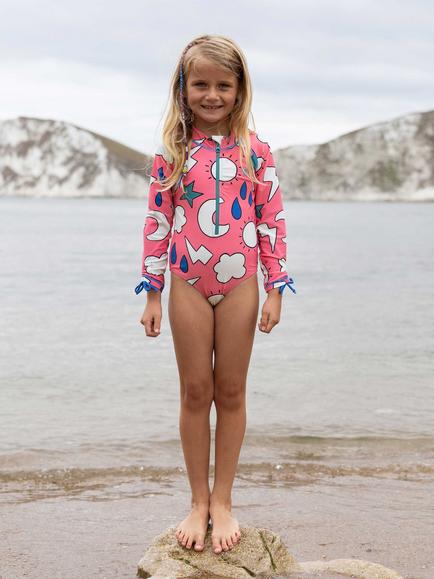 Muddy Puddles Kids' UV Weather Motif Long Sleeve Swimsuit, Pink Weather - view 2, Pink Weather