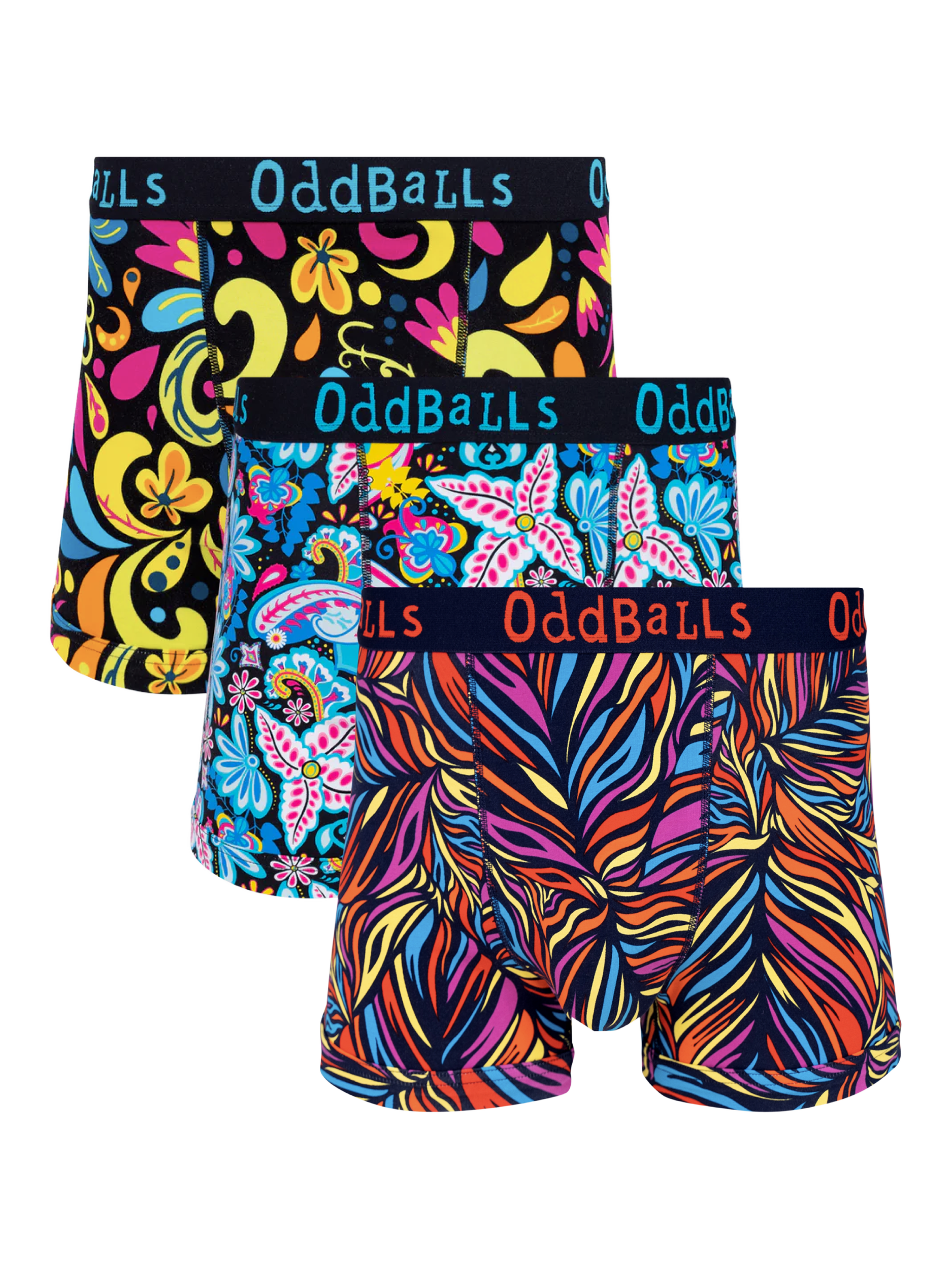 Product image 1 of 7, which shows OddBalls Stretch Cotton Patterned Boxers, Pack of 3, Multi, XXS