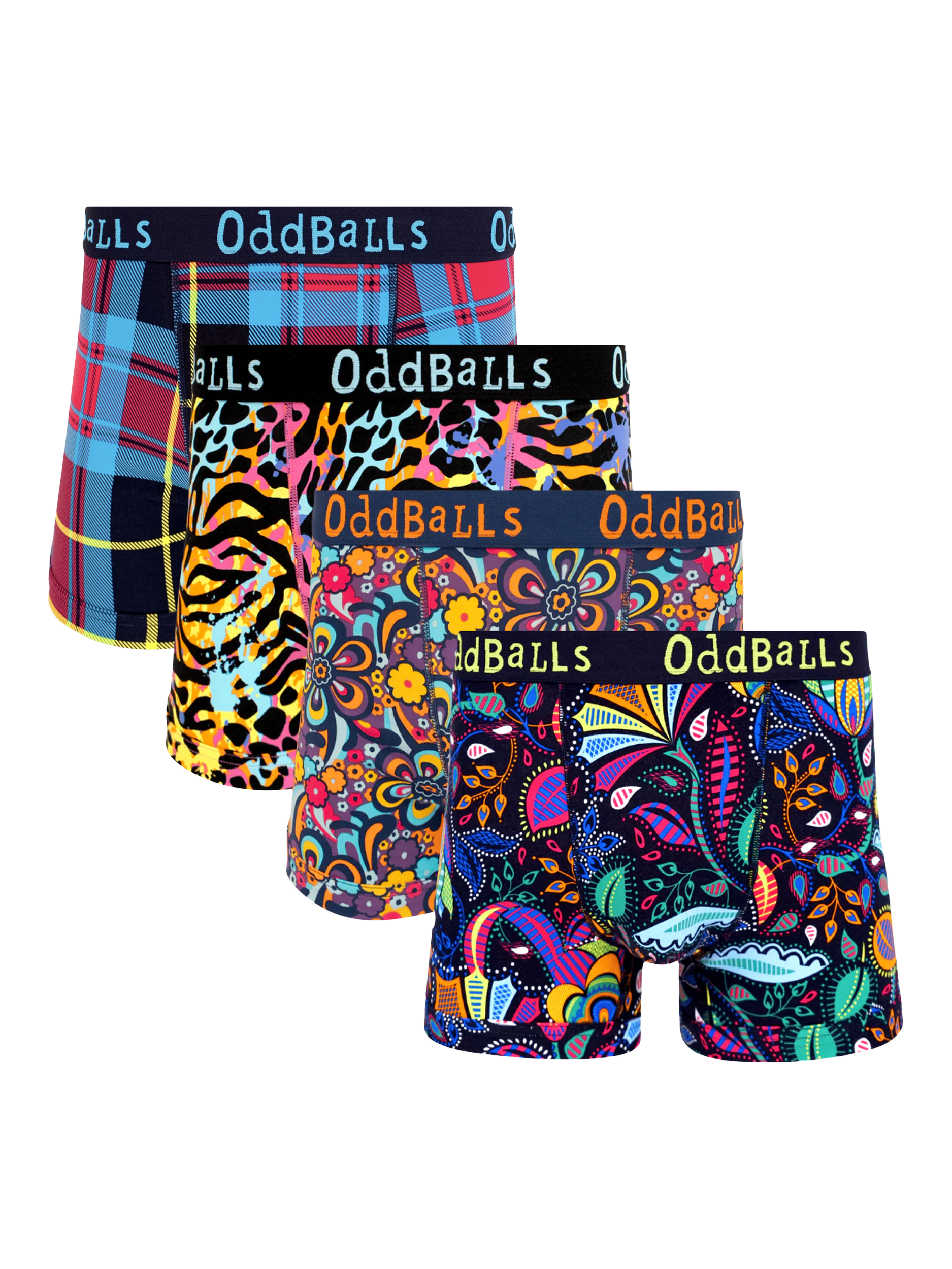 Product image 1 of 6, which shows OddBalls Mixed Cotton Blend Boxers, Pack of 4, Multi, XXS