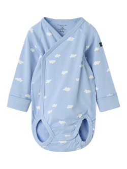 Polarn O. Pyret Baby's Cotton Blend Cloud Print Wrapover Bodysuit, Blue, Blue