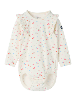 Polarn O. Pyret Baby Organic Cotton Floral Ruffle Babygrow, Natural, Natural