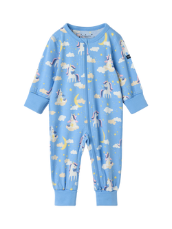 Polarn O. Pyret Baby Unicorn Print Zipped Pyjama Bodysuit, Blue, Blue
