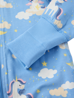 Polarn O. Pyret Baby Unicorn Print Zipped Pyjama Bodysuit, Blue - view 2, Blue