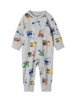 Polarn O. Pyret Baby Construction Print Zipped Pyjama Bodysuit, Grey, Grey