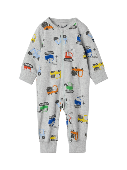 Polarn O. Pyret Baby Construction Print Zipped Pyjama Bodysuit, Grey, Grey