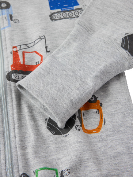 Polarn O. Pyret Baby Construction Print Zipped Pyjama Bodysuit, Grey - view 2, Grey