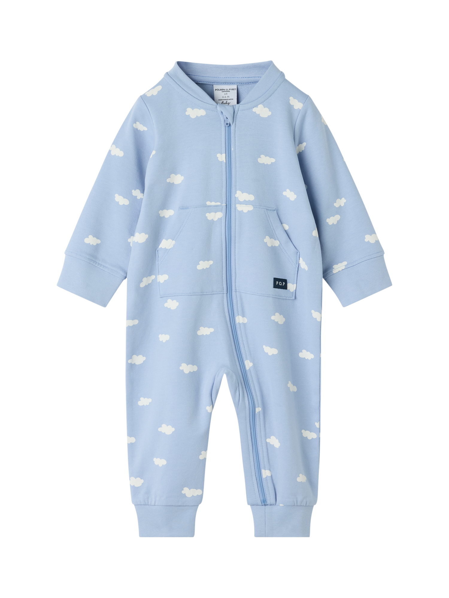 Product image 1 of 2, which shows Polarn O. Pyret Baby's Cotton Blend Cloud Print Romper, Blue, 9-12 months