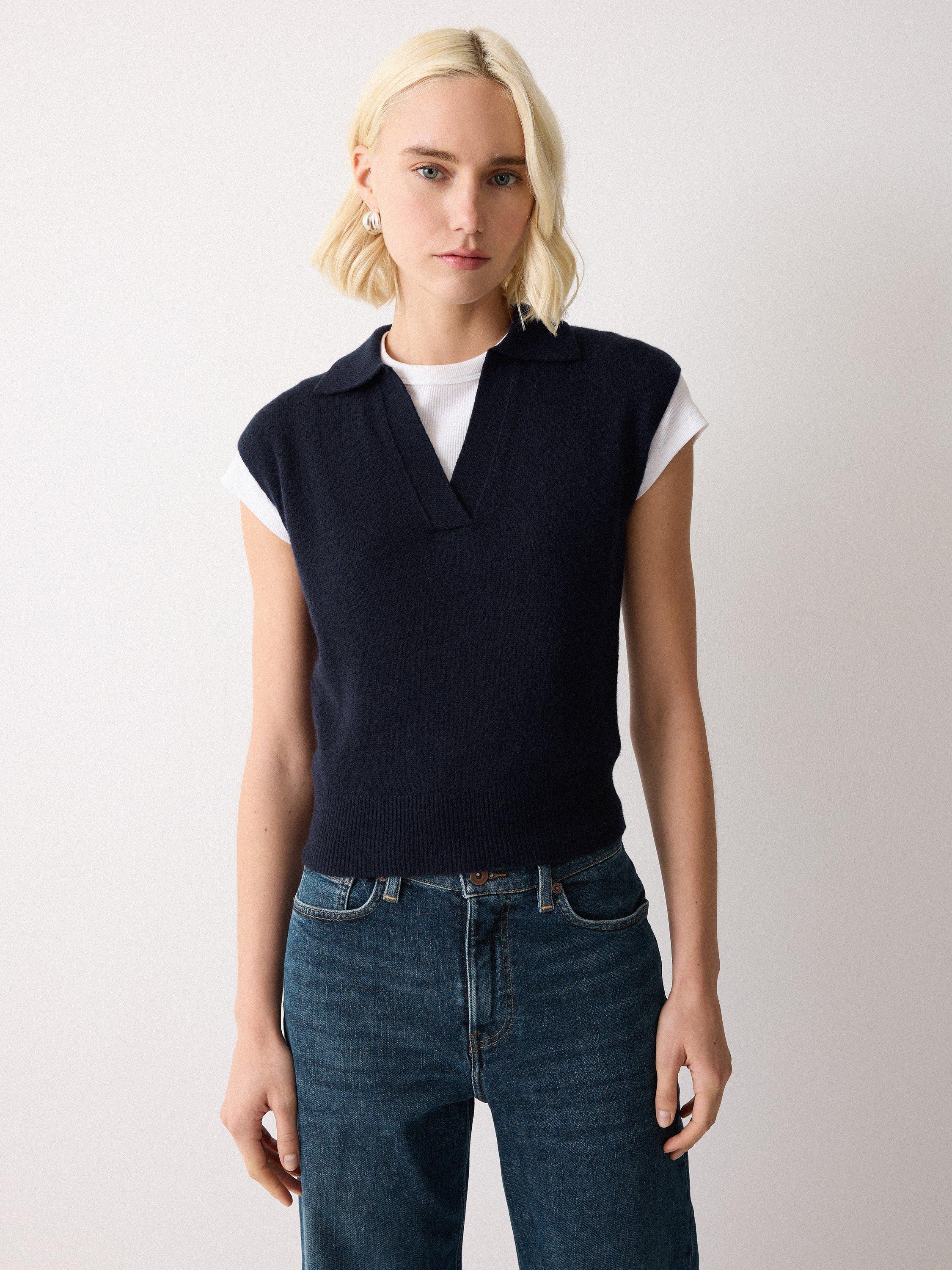 Product image 1 of 7, which shows Jigsaw Collar Wool Rich Knit Top, Navy, XS