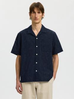 Selected Cotton Broderie Short Sleeve Shirt, Sky Captain, Sky Captain
