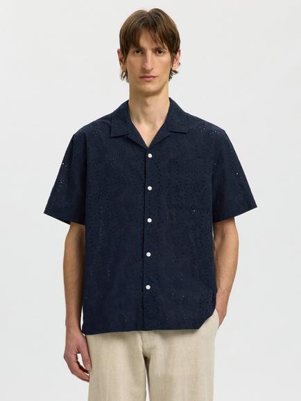 Selected Cotton Broderie Short Sleeve Shirt, Sky Captain, Sky Captain