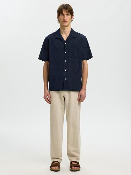 Selected Cotton Broderie Short Sleeve Shirt, Sky Captain - view 2, Sky Captain