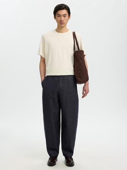 Selected Barrel Leg Cotton Linen Blend Trousers, Dark Navy, Dark Navy