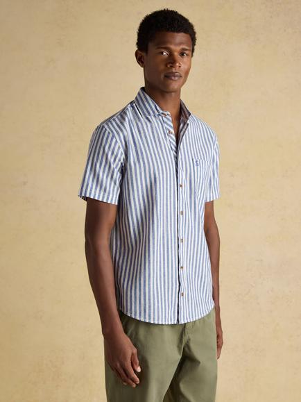 Joules Linen Blend Regular Fit Short Sleeve Shirt, Blue/White
