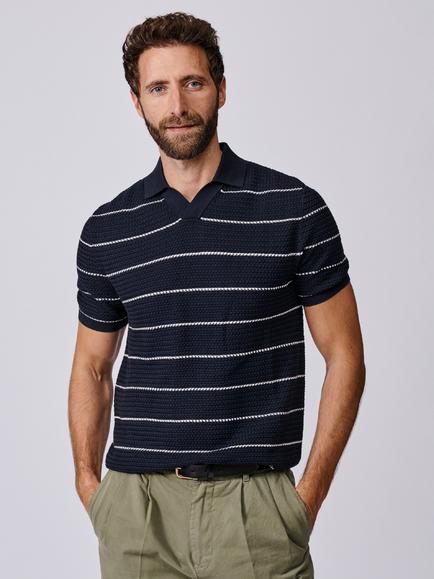 Aubin Alford Textured Striped Cotton Knit Short Sleeve Polo Shirt, Navy/Ecru, Navy/Ecru