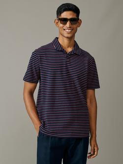 Aubin Baysdale Striped Pique Cotton Open Collar Short Sleeve Polo Shirt, Navy, Navy