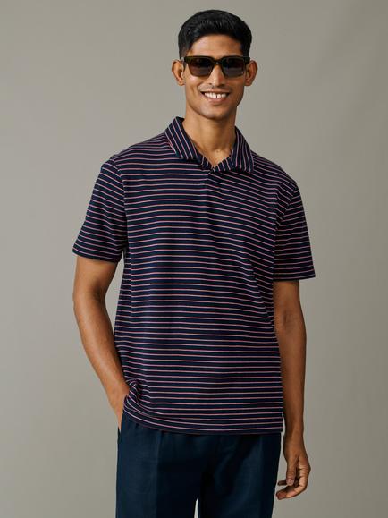 Aubin Baysdale Striped Pique Cotton Open Collar Short Sleeve Polo Shirt, Navy, Navy