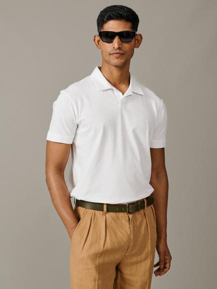 Aubin Churchfiel Open Collar Cotton Blend Short Sleeve Polo Shirt, Vintage White