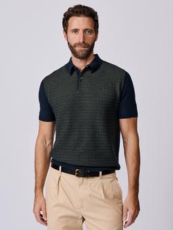 Aubin Coleridge Textured Front Cotton Knit Short Sleeve Polo Shirt, Navy/Green, Navy/Green