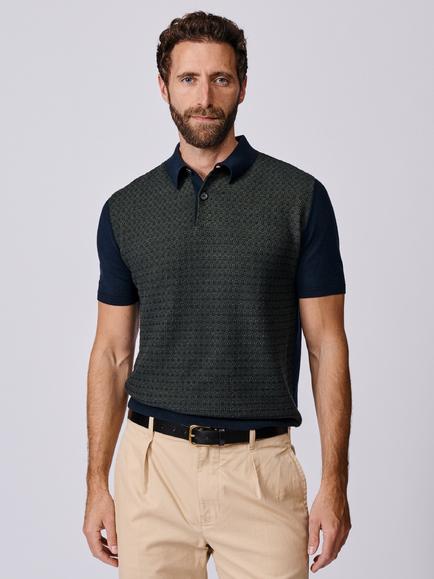 Aubin Coleridge Textured Front Cotton Knit Short Sleeve Polo Shirt, Navy/Green, Navy/Green