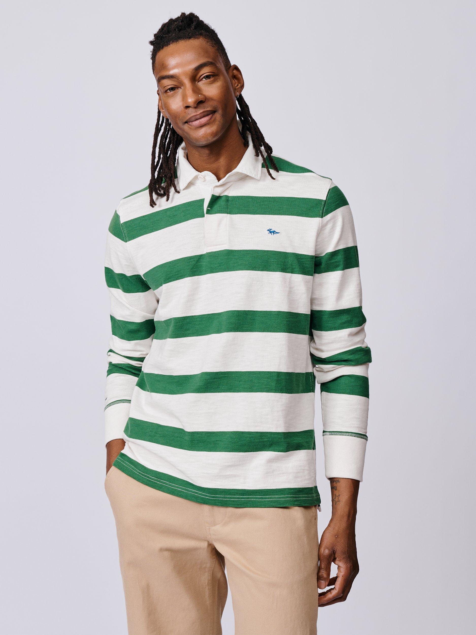 Product image 4 of 6, which shows Aubin Irnham Striped Cotton Rugby Shirt, Green/Ecru, S