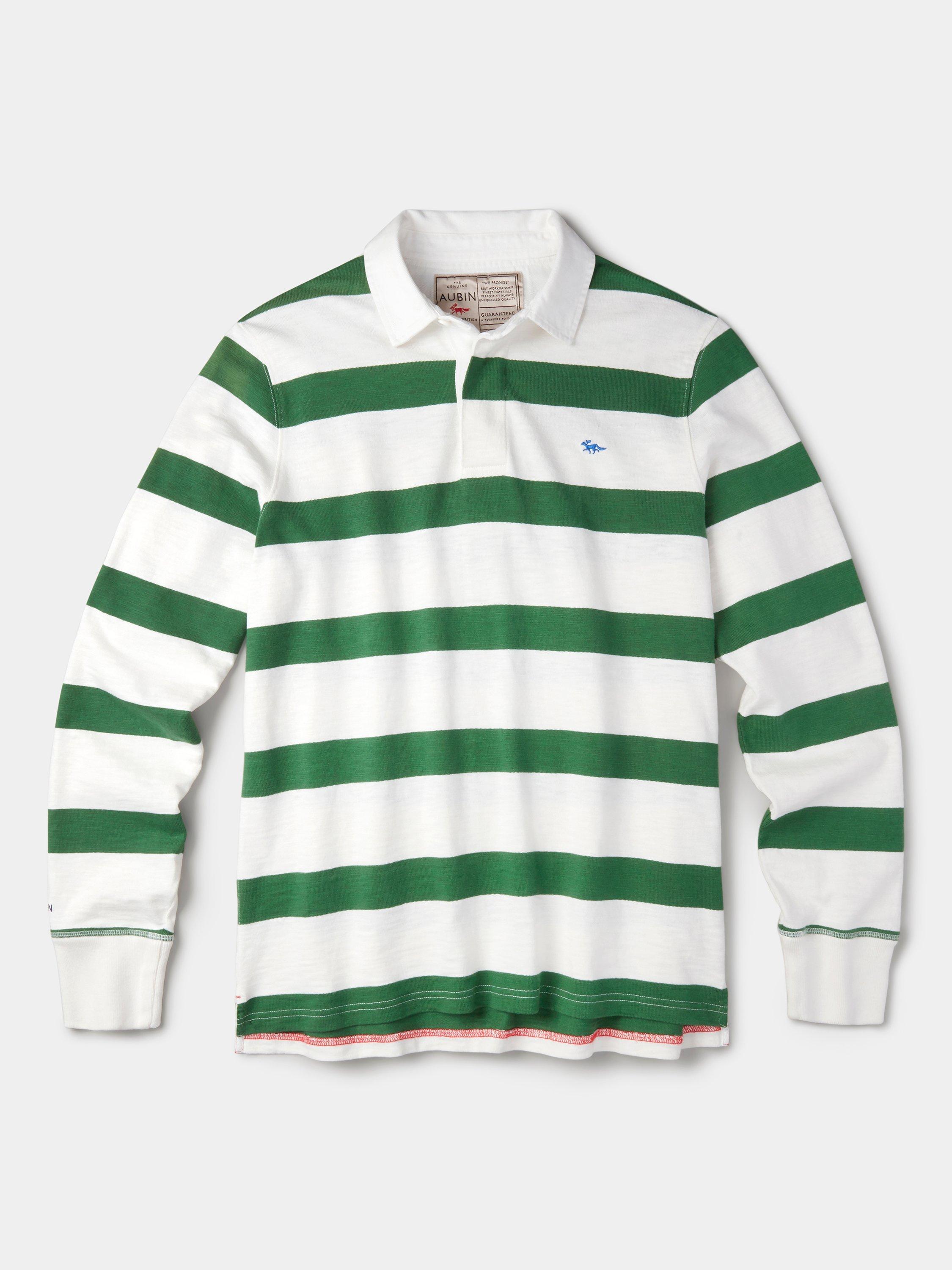 Product image 6 of 6, which shows Aubin Irnham Striped Cotton Rugby Shirt, Green/Ecru, S